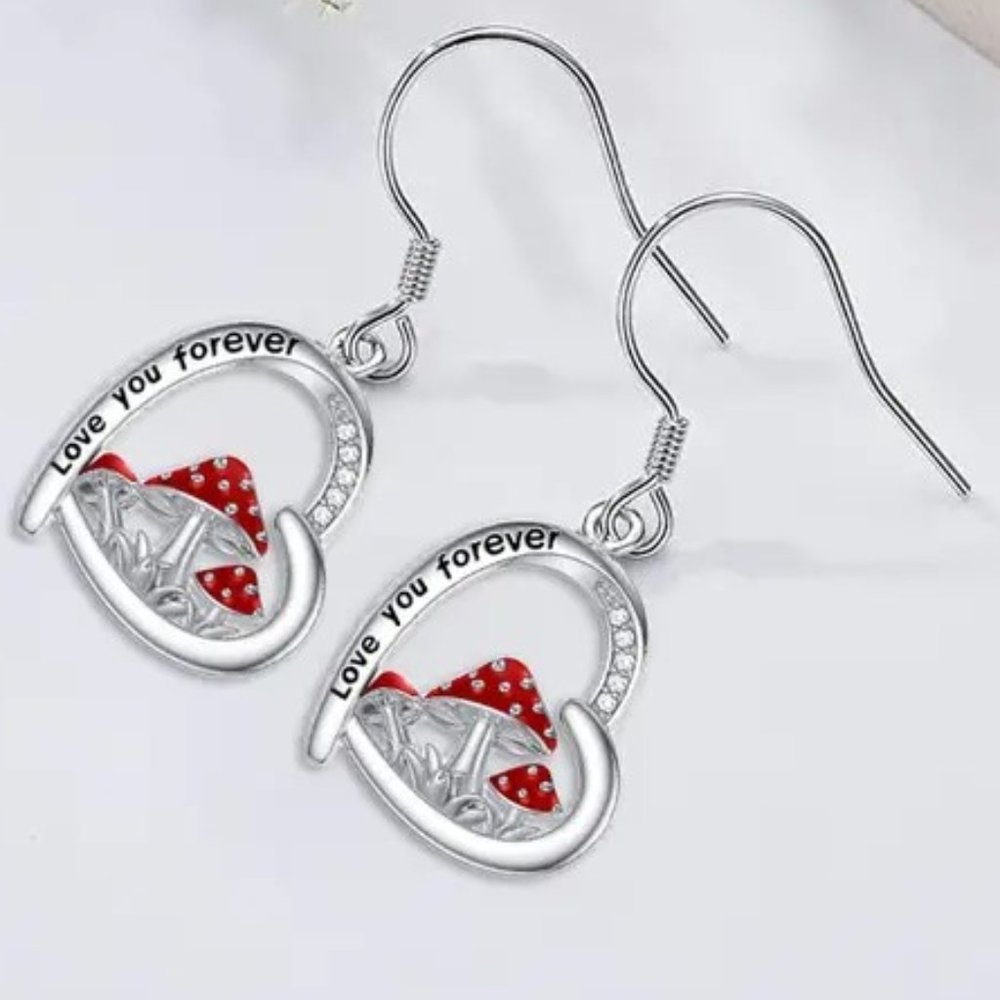 Earrings Heart Mushroom Love You Forever Cute Boho Hippie Core Alice Wonderland